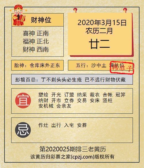 排列三第2020025期老黄历图谜：仓库床外正东