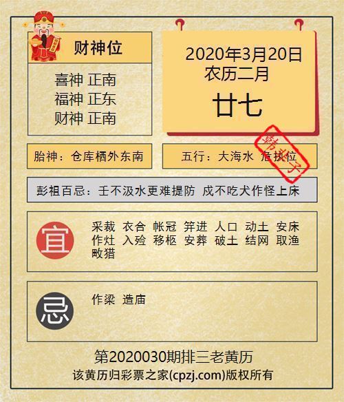 排列三第2020030期老黄历图谜：仓库栖外东南