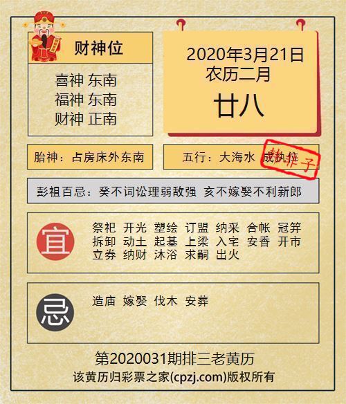 排列三第2020031期老黄历图谜：占房床外东南