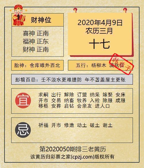 排列三第2020050期老黄历图谜：仓库碓外西北