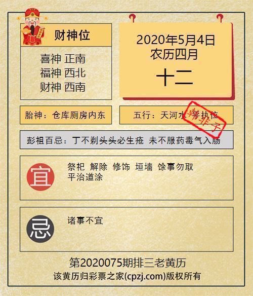 排列三第2020075期老黄历图谜：仓库厕房内东