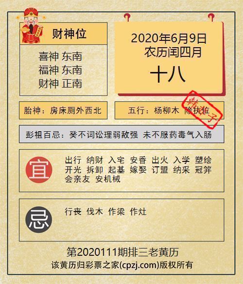 排列三第2020111期老黄历图谜：房床厕外西北