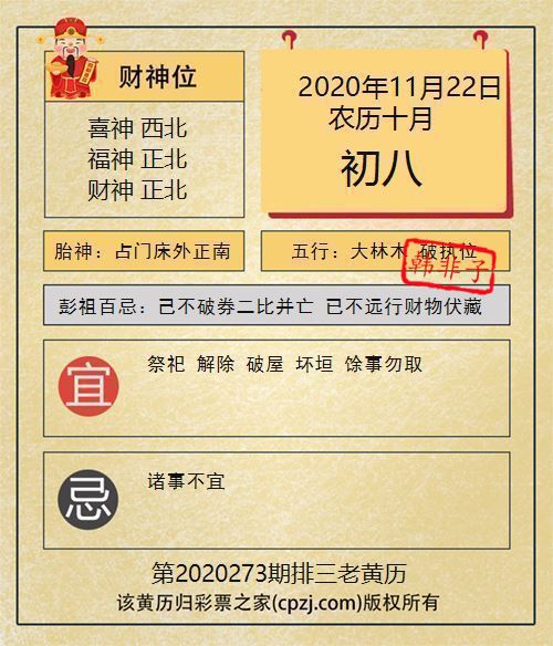 排列三第2020273期老黄历图谜：占门床外正南