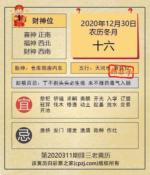 排列三第2020311期老黄历图谜：仓库厕房内东