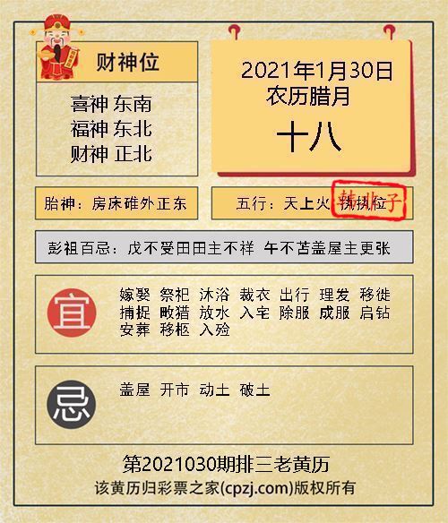排列三第2021030期老黄历图谜：房床碓外正东