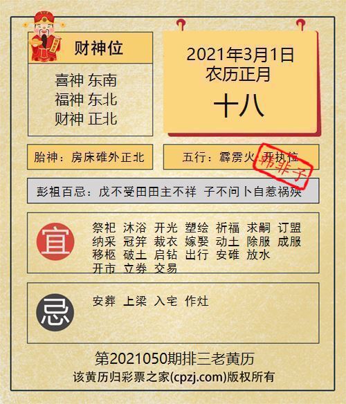 排列三第2021050期老黄历图谜：房床碓外正北