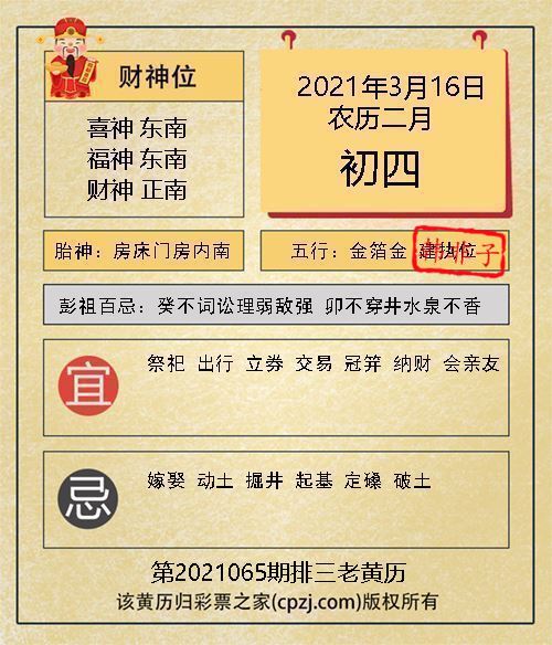 排列三第2021065期老黄历图谜：房床门房内南