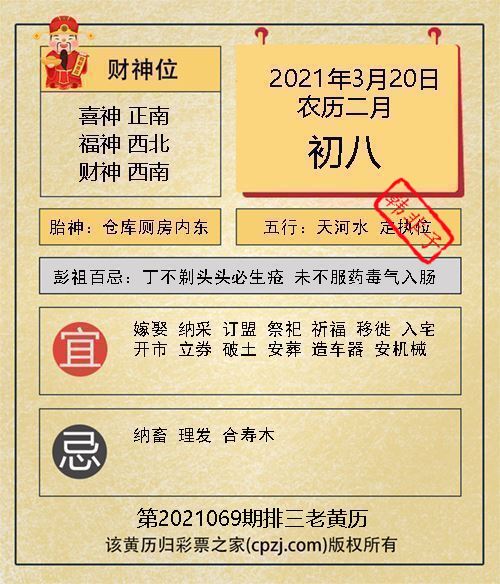 排列三第2021069期老黄历图谜：仓库厕房内东