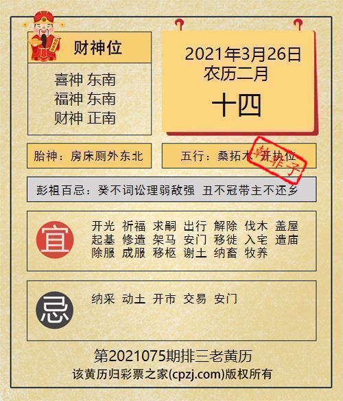 排列三第2021075期老黄历图谜：房床厕外东北