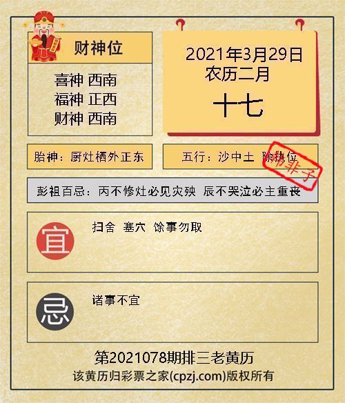 排列三第2021078期老黄历图谜：厨灶栖外正东