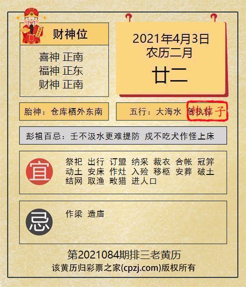 排列三第2021084期老黄历图谜：仓库栖外东南