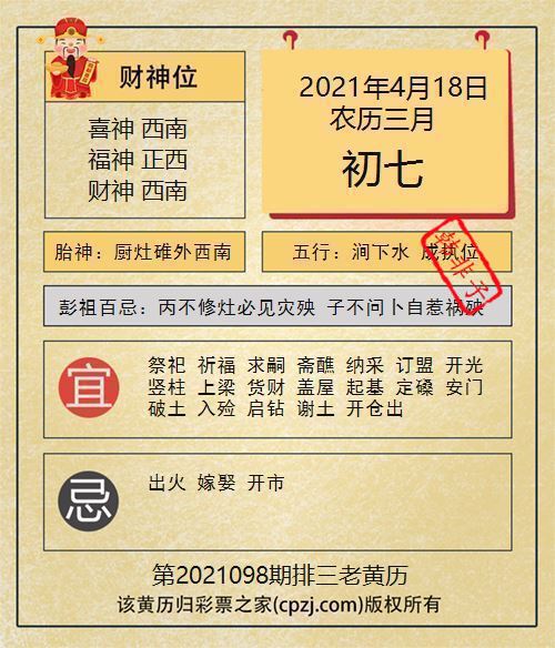 排列三第2021098期老黄历图谜：厨灶碓外西南