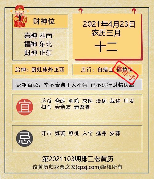 排列三第2021103期老黄历图谜：厨灶床外正西