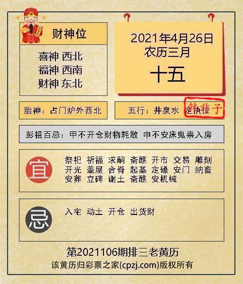 排列三第2021106期老黄历图谜：占门炉外西北