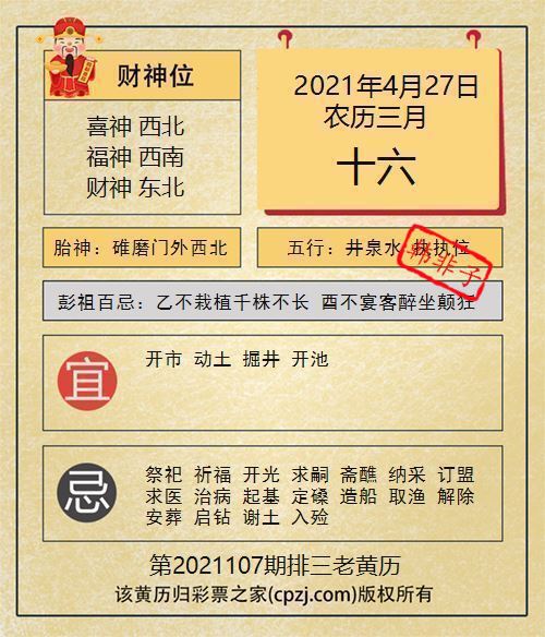 排列三第2021107期老黄历图谜：碓磨门外西北