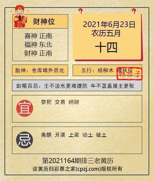 排列三第2021164期老黄历图谜:仓库碓外西北