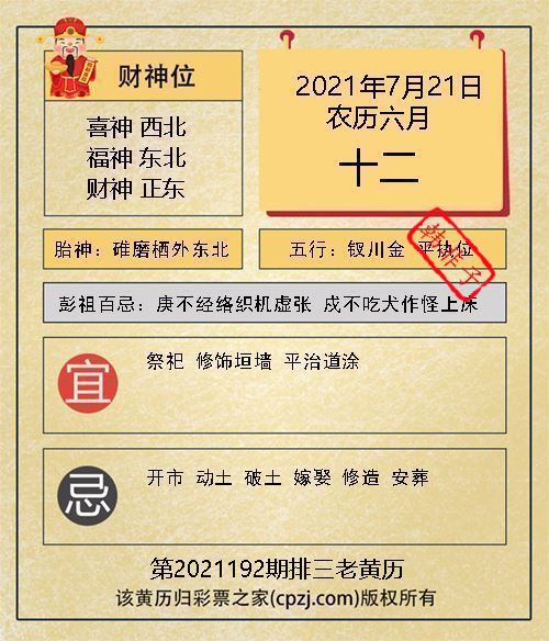 排列三第2021192期老黄历图谜：碓磨栖外东北