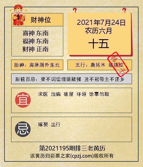 排列三第2021195期老黄历图谜：房床厕外东北