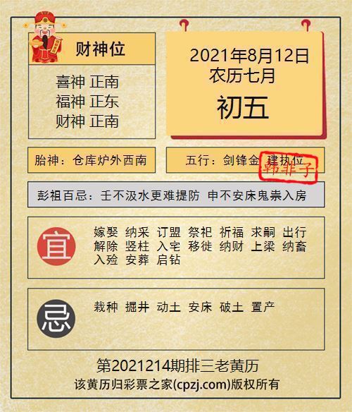 排列三第2021214期老黄历图谜：仓库炉外西南