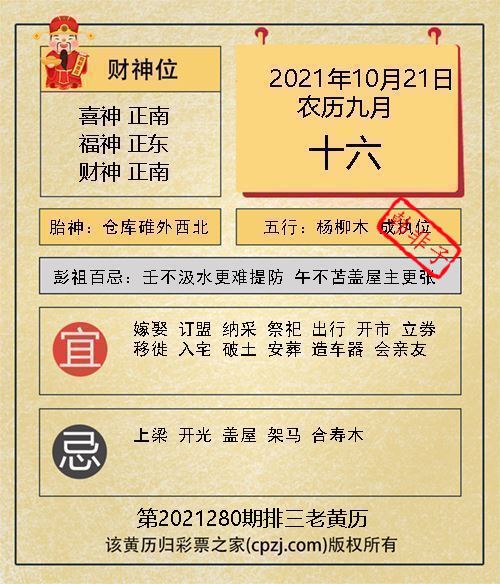 排列三第2021280期老黄历图谜：仓库碓外西北