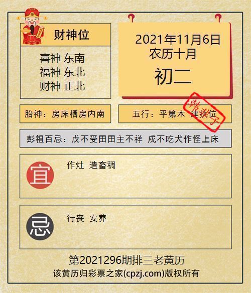排列三第2021296期老黄历图谜：房床栖房内南