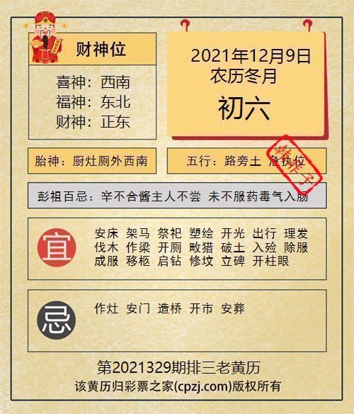 排列三第2021329期老黄历图谜：厨灶厕外西南