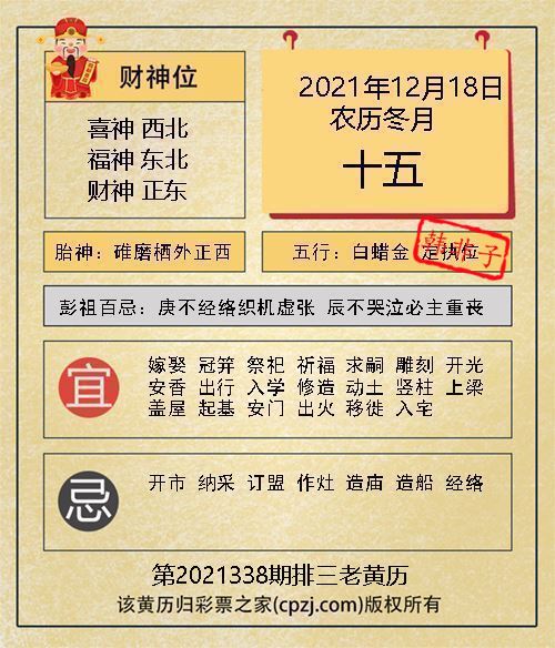 排列三第2021338期老黄历图谜：碓磨栖外正西