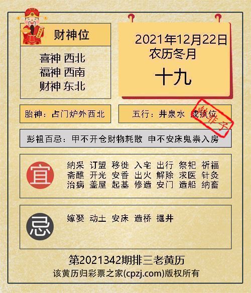 排列三第2021342期老黄历图谜：占门炉外西北