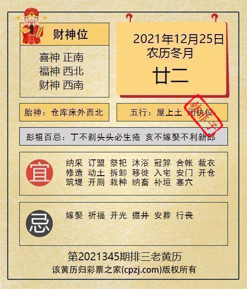 排列三第2021345期老黄历图谜：仓库床外西北