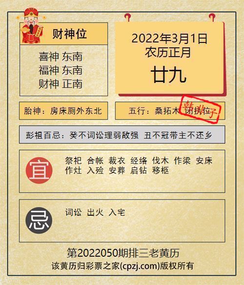 排列三第2022050期老黄历图谜：房床厕外东北