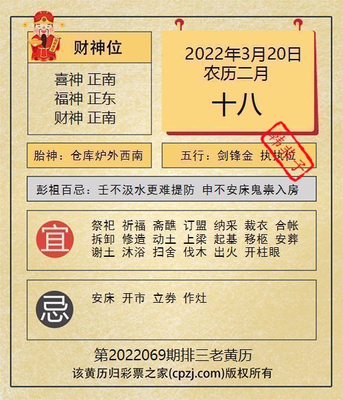排列三第2022069期老黄历图谜：仓库炉外西南
