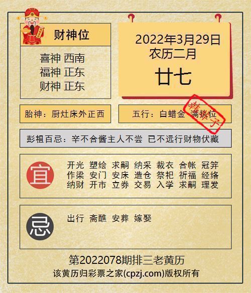 排列三第2022078期老黄历图谜