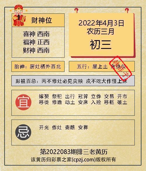 排列三第2022083期老黄历图谜：厨灶栖外西北