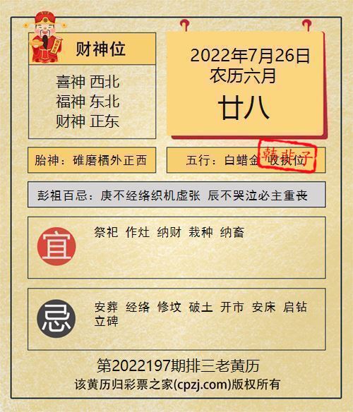 排列三第2022197期老黄历图谜