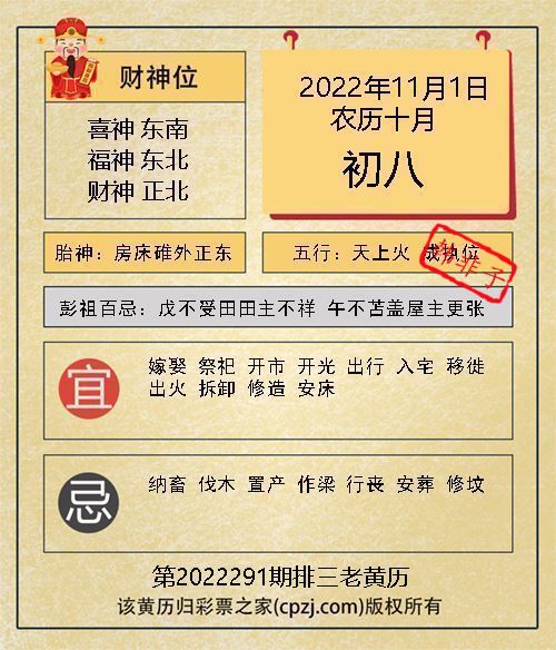 排列三第2022291期老黄历图谜：房床碓外正东