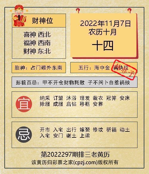 排列三第2022297期老黄历图谜