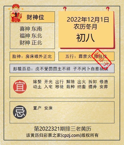 排列三第2022321期老黄历图谜：房床碓外正北