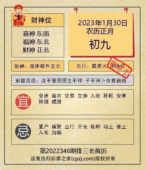 排列三第2022346期老黄历图谜