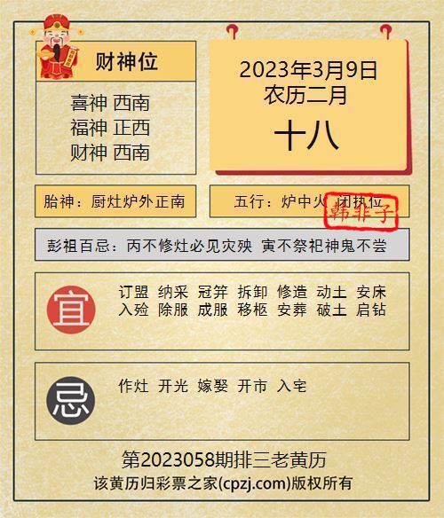 排列三第2023058期老黄历图谜：厨灶炉外正南