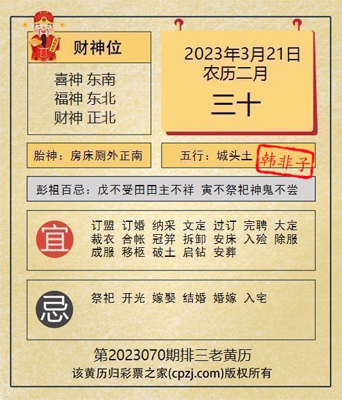 排列三第2023070期老黄历图谜：房床厕外正南