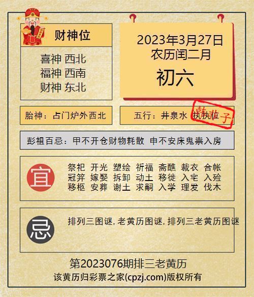 排列三第2023076期老黄历图谜：占门炉外西北
