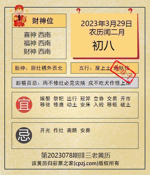 排列三第2023078期老黄历图谜：厨灶栖外西北