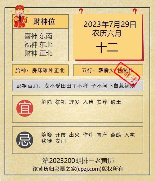 排列三第2023200期老黄历图谜：房床碓外正北