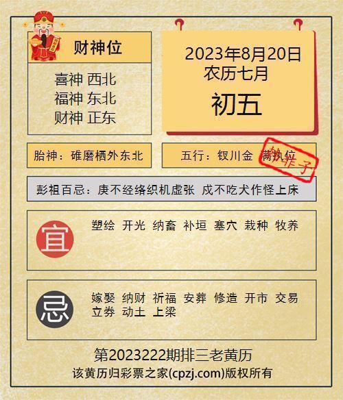 排列三第2023222期老黄历图谜