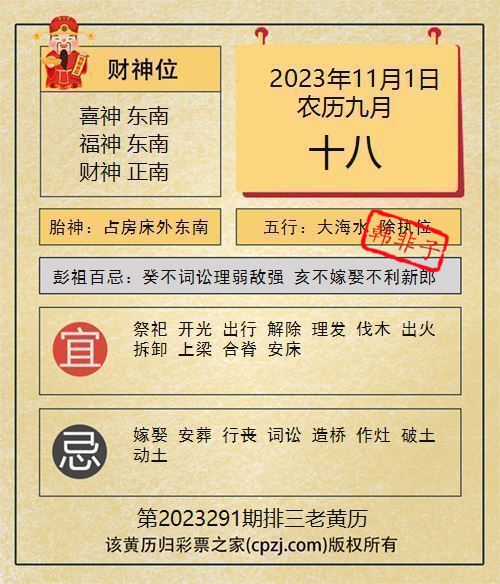排列三第2023291期老黄历图谜：占房床外东南