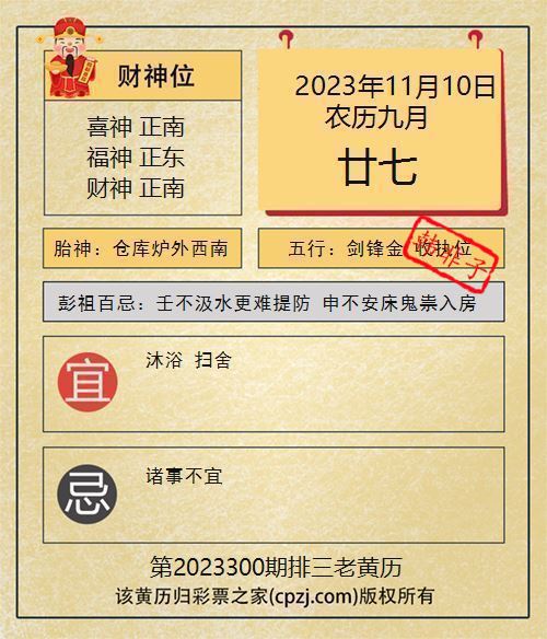 排列三第2023300期老黄历图谜：仓库炉外西南