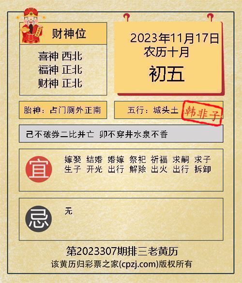 排列三第2023307期老黄历图谜：占门厕外正南