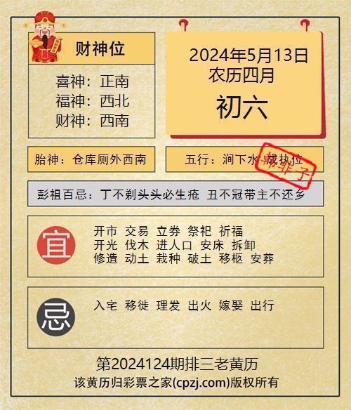 排列三第2024124期老黄历图谜：仓库厕外西南