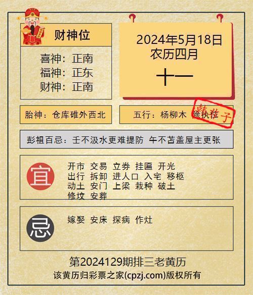 排列三第2024129期老黄历图谜：仓库碓外西北