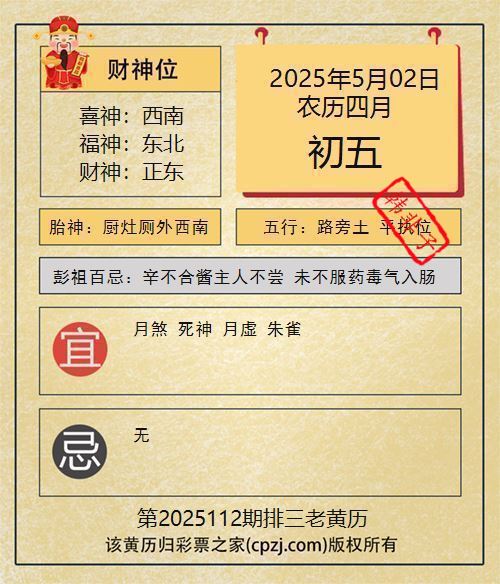 排列三第2025112期老黄历图谜：厨灶厕外西南